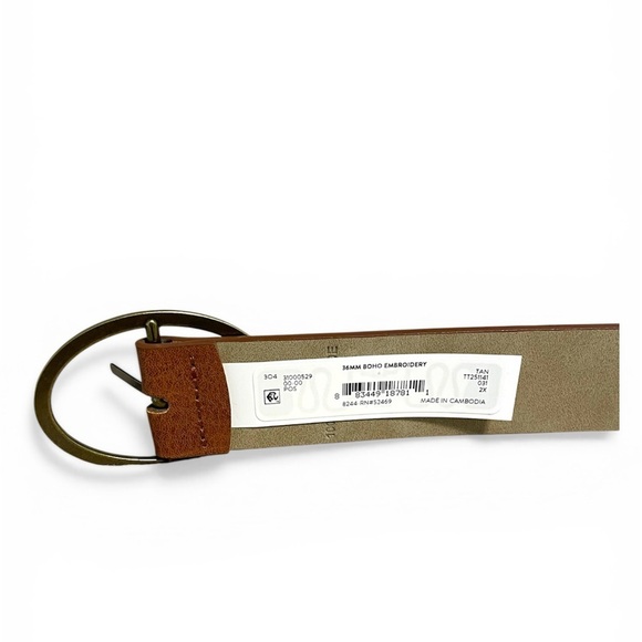 Embroidered Brown Leather Belt with Brass Oval Buckle